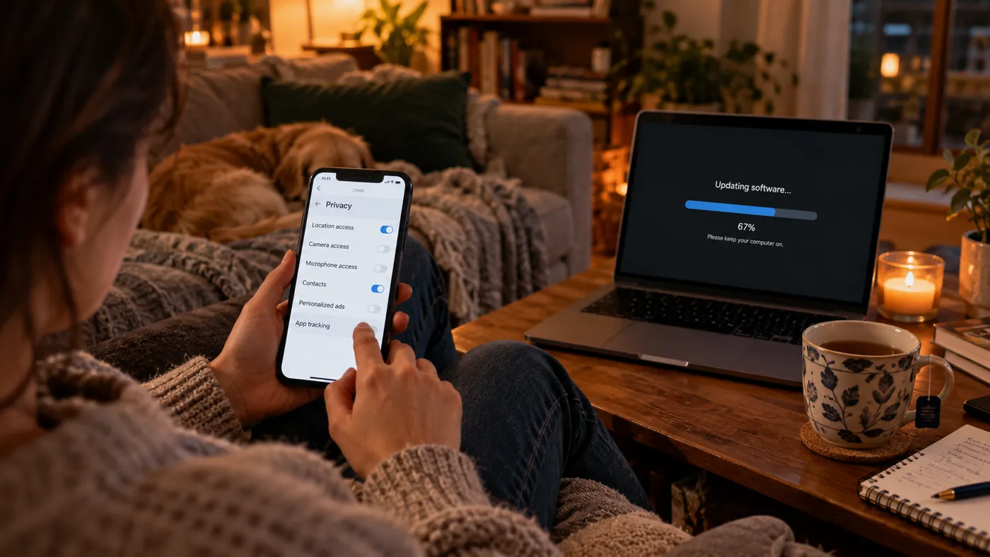 Someone on a couch changing privacy settings on a phone while a laptop installs an update (illustration)