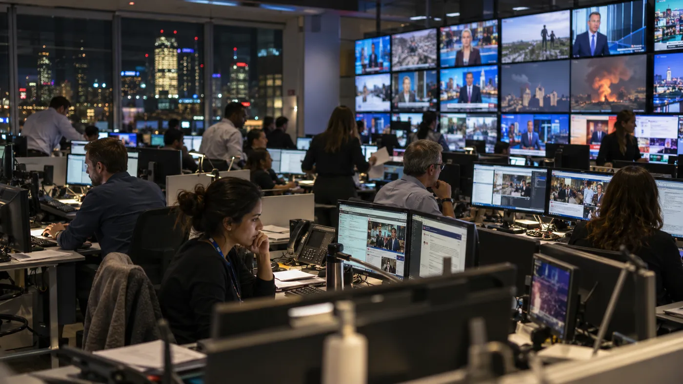 A newsroom at night with a wall of screens and journalists at their desks (illustration)