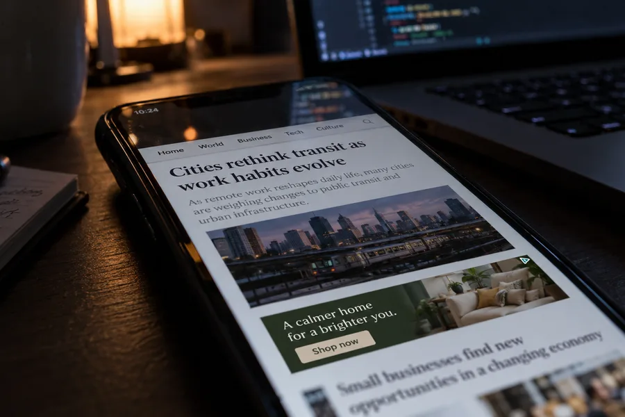 A smartphone on a dark desk showing a news site with an ordinary-looking ad (illustration)