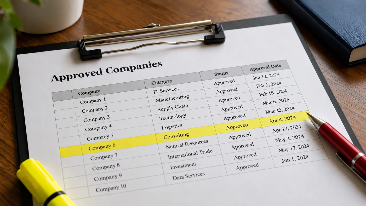 A clipboard with an "approved companies" list, one row marked with a highlighter (illustration)