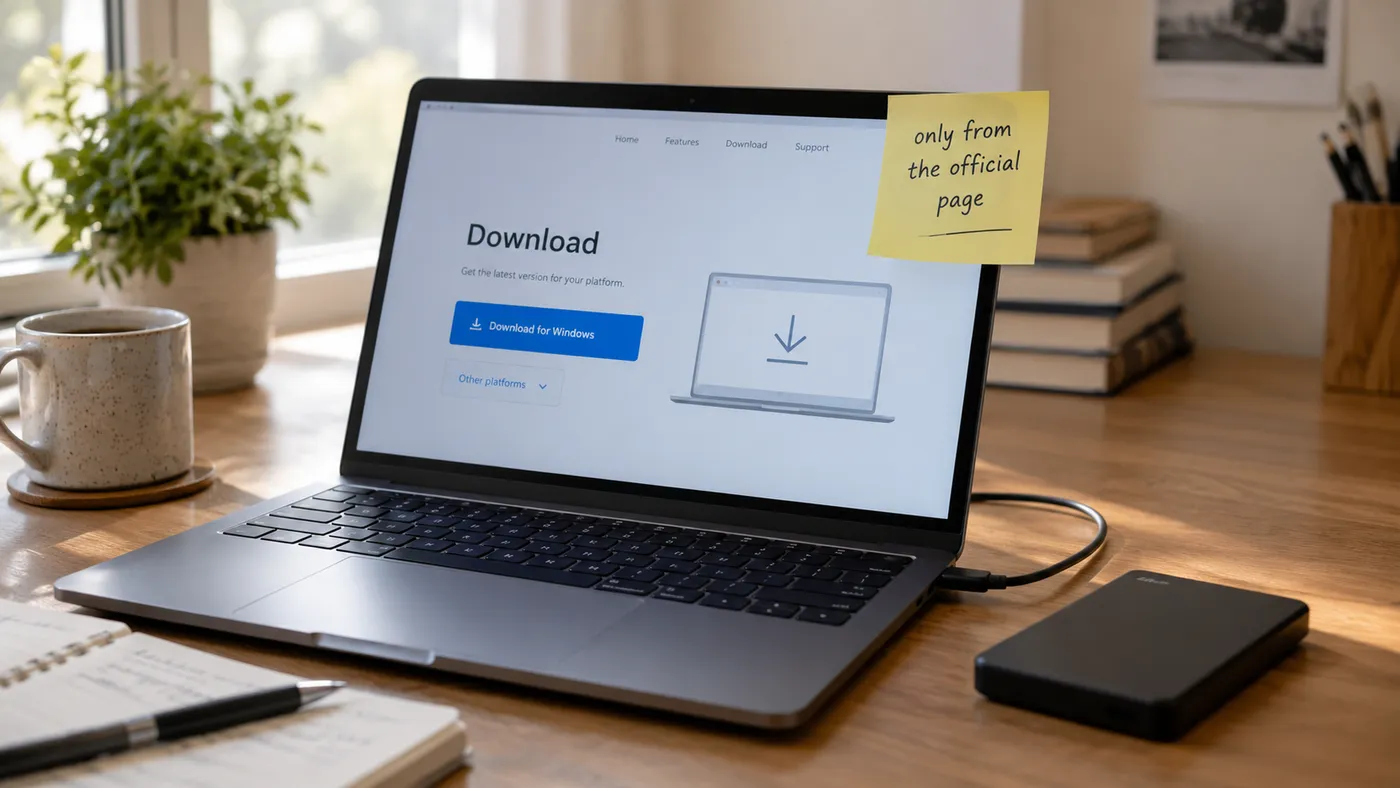 A laptop showing a download page with a sticky note reading "only from the official page" (illustration)