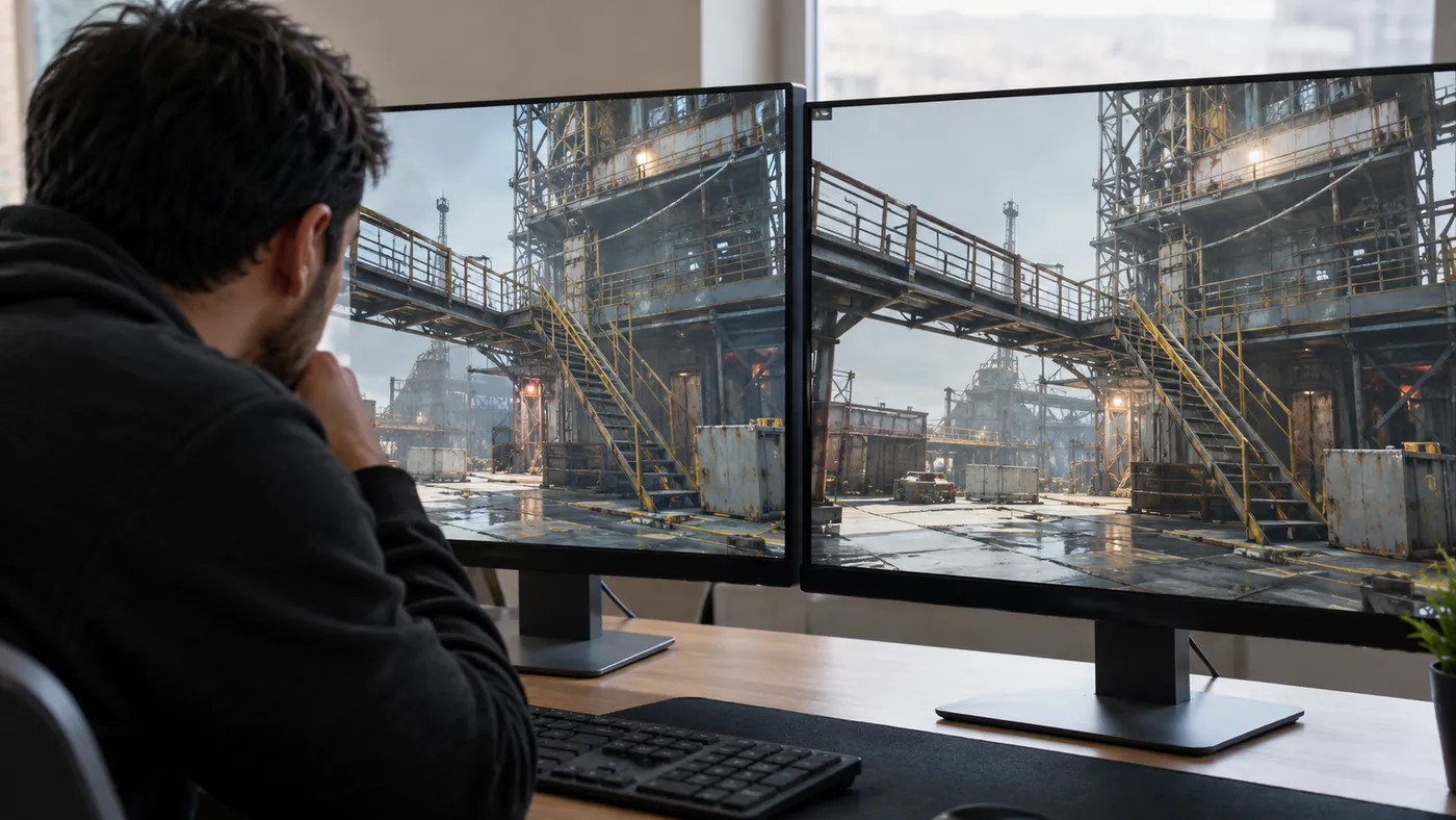 Yan yana iki monitörde metal merdivenler ve iskelelerle dolu aynı sanayi sahnesini karşılaştıran bir oyuncu (illüstrasyon)