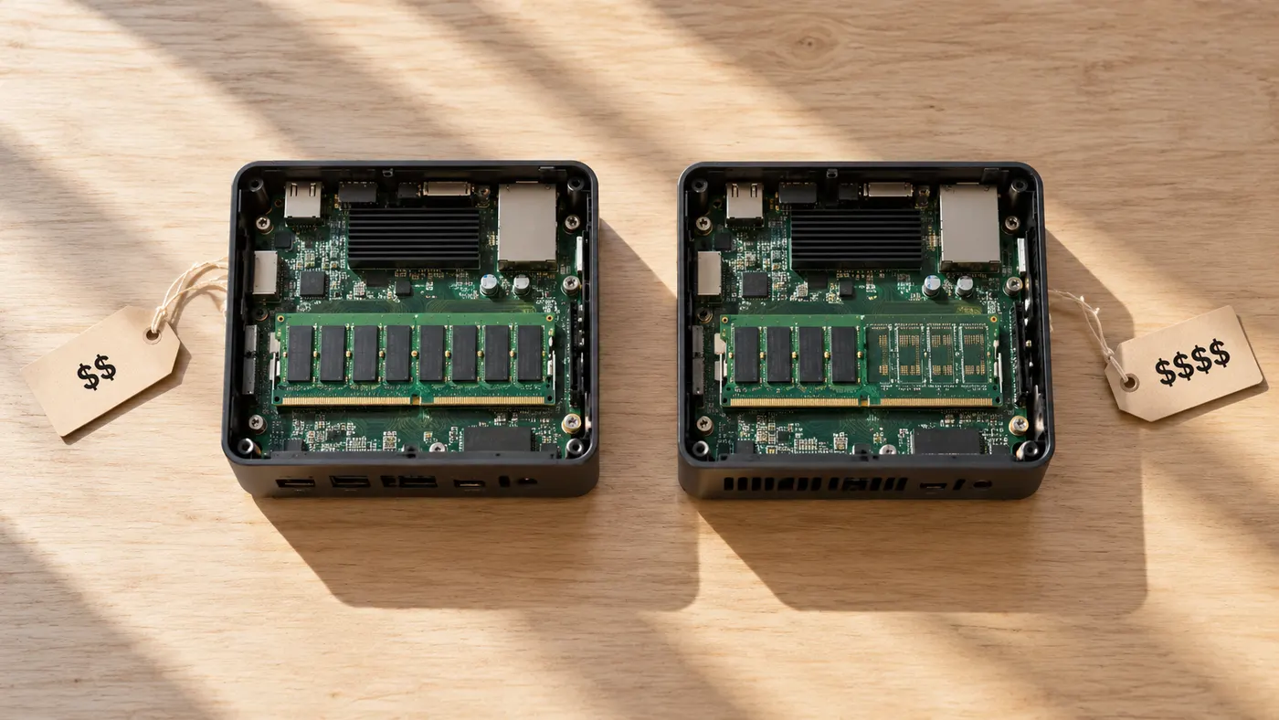 Two small open desktop computers; the one with less memory carries the bigger price tag (illustration)