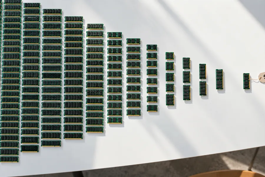 RAM modules laid out in shrinking rows on a table, with an expensive price tag on the last single module (illustration)