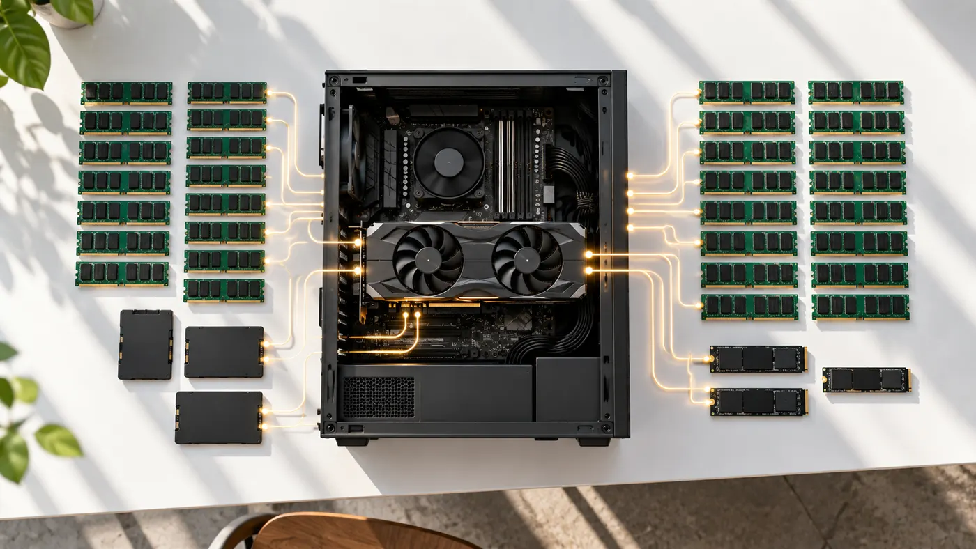 A PC with a graphics card in the middle, linked by lines of light to rows of RAM modules and SSDs on both sides (illustration)