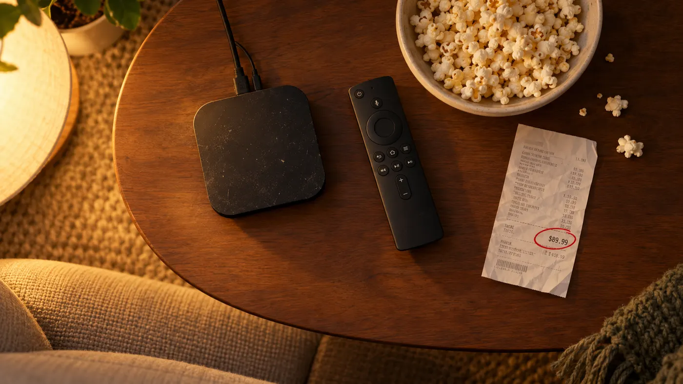 A TV box, a remote and a receipt with the price circled in red on a coffee table (illustration)