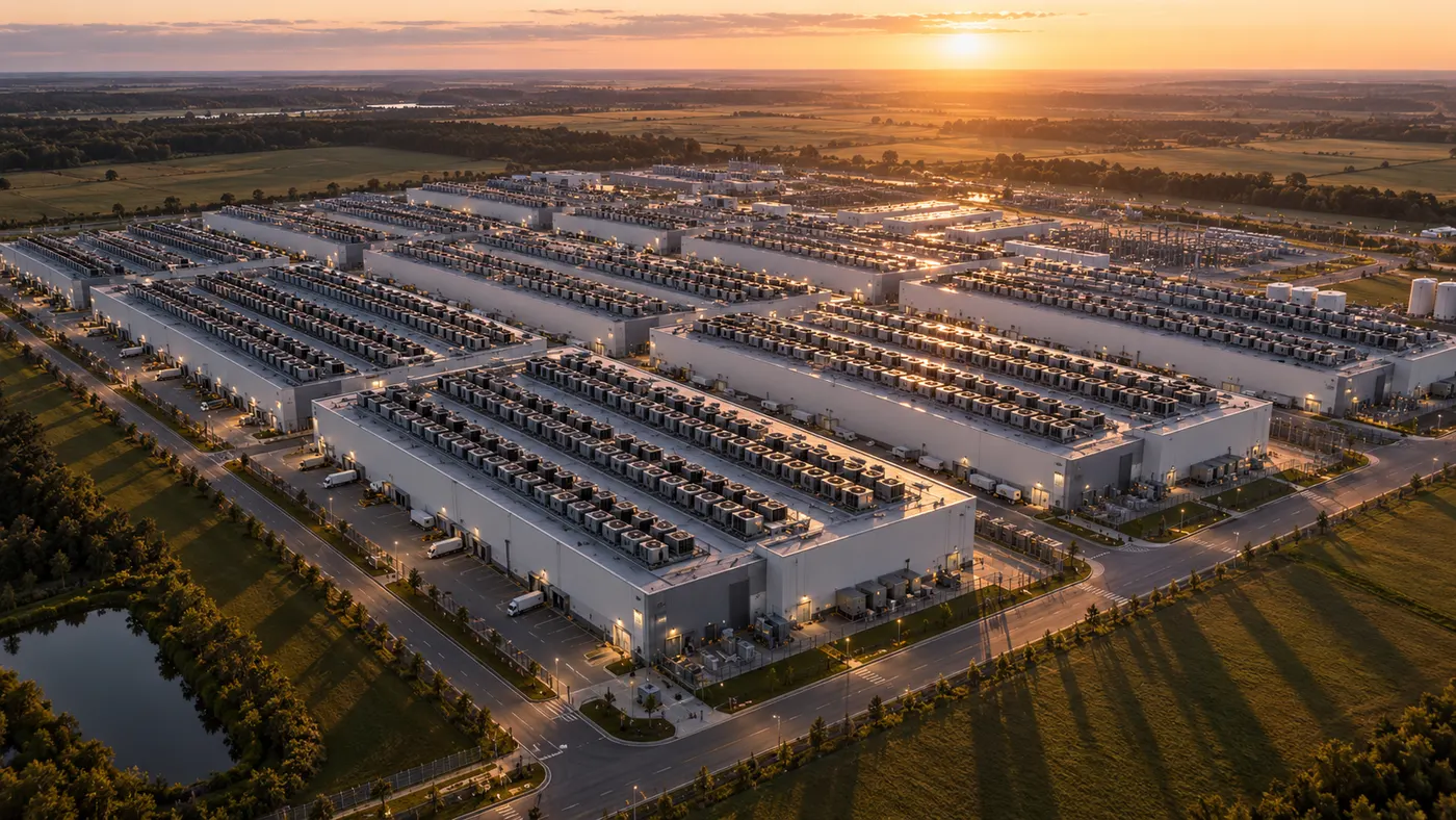 A vast data center campus at sunset (illustration)