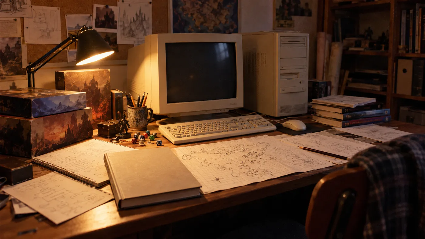 A 1990s desk with a CRT monitor, fantasy map drawings, dice and role-playing books (illustration)