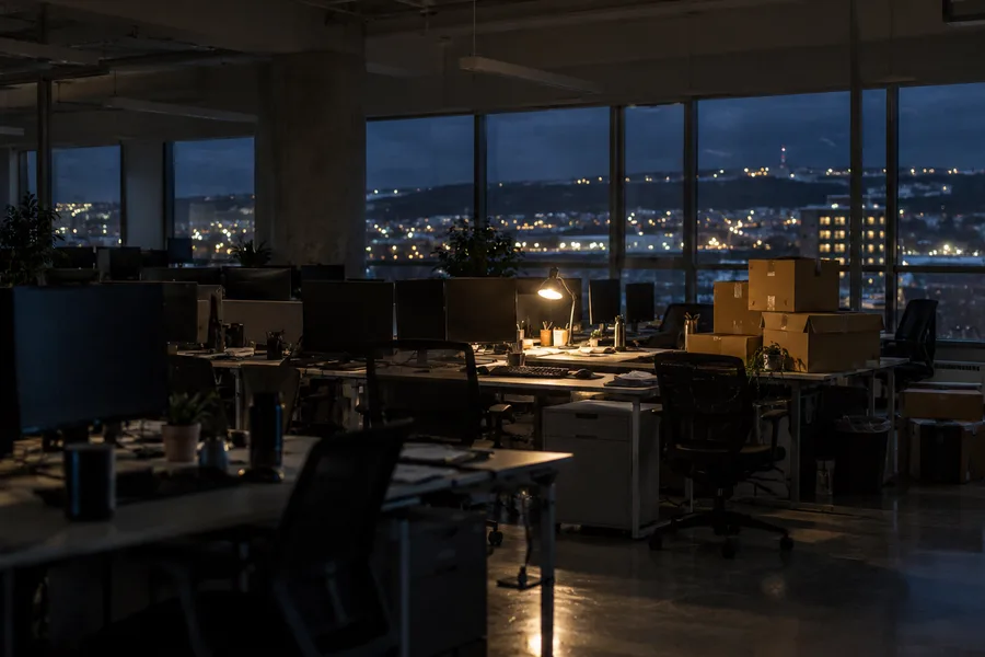 An emptied game studio office at night with dark screens, a spaceship model left on a desk and packed boxes (illustration)