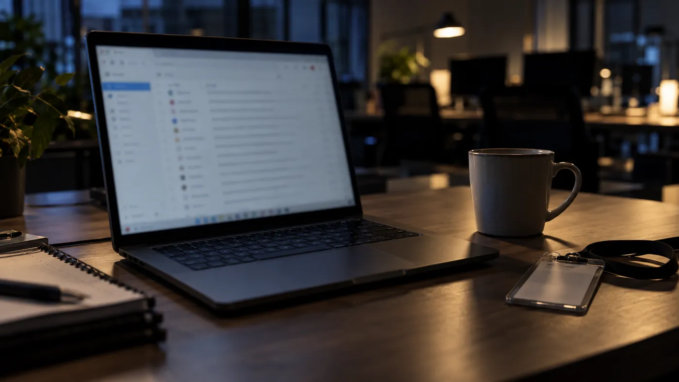 An inbox open on a laptop on a desk in an empty office after hours, next to a coffee mug and an employee badge (illustration)