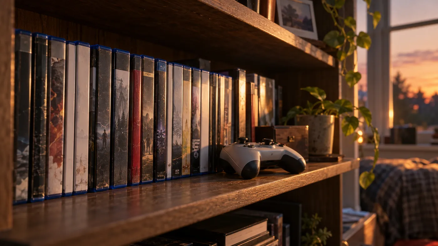 Game cases lined up on a shelf in evening light, with a game controller (illustration)