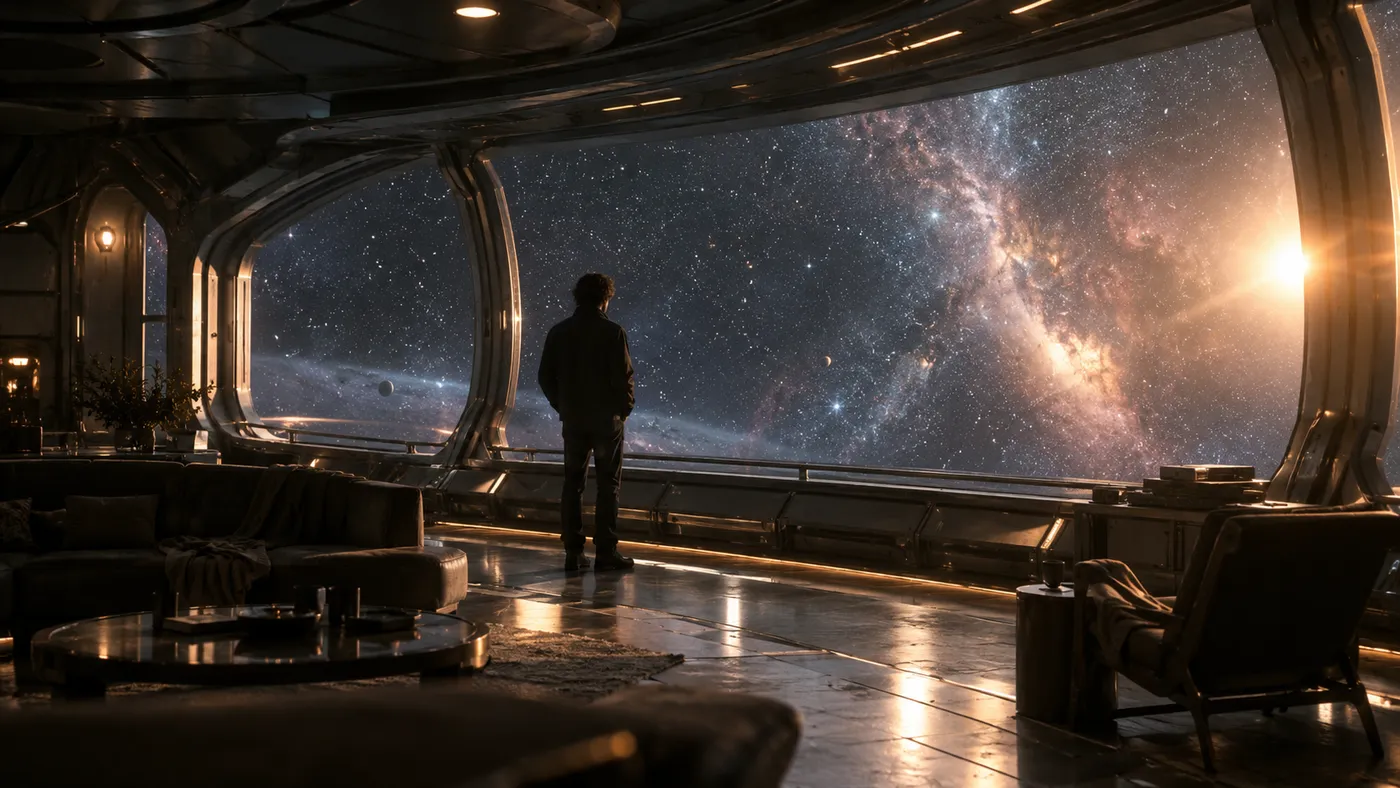 A lone silhouette looking out of a starship's wide window at a star-filled galaxy (illustration)