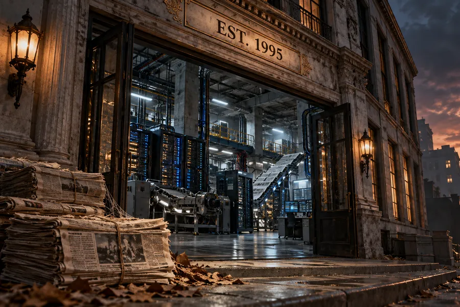 Servers and a production line inside an old publication building marked "EST. 1995" (illustration)