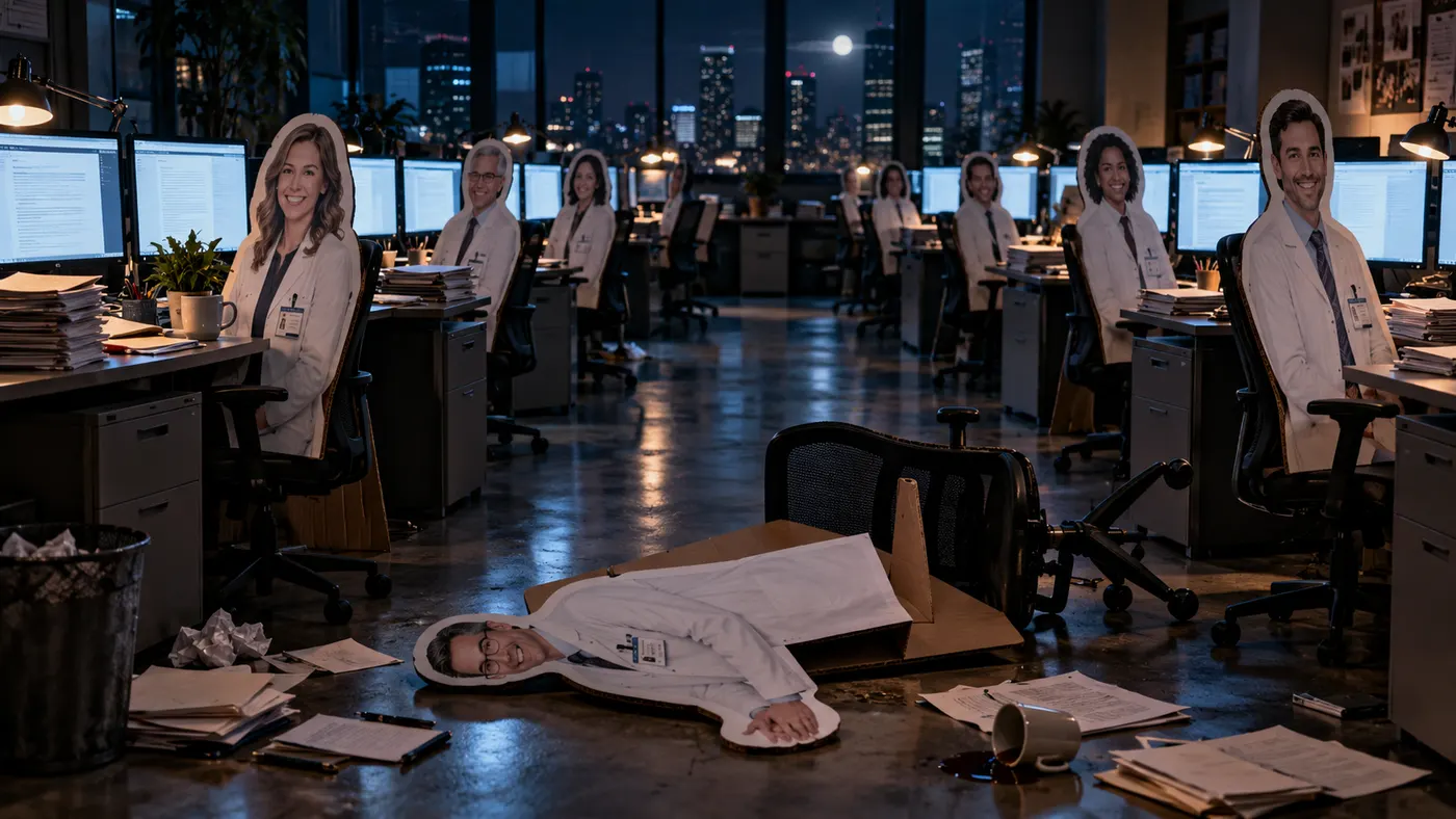 Cardboard experts propped at desks in an empty office at night (illustration)