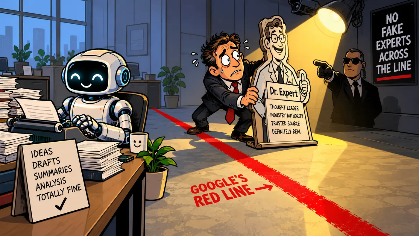 A robot works at its desk while a cardboard expert is stopped at the red line (illustration)