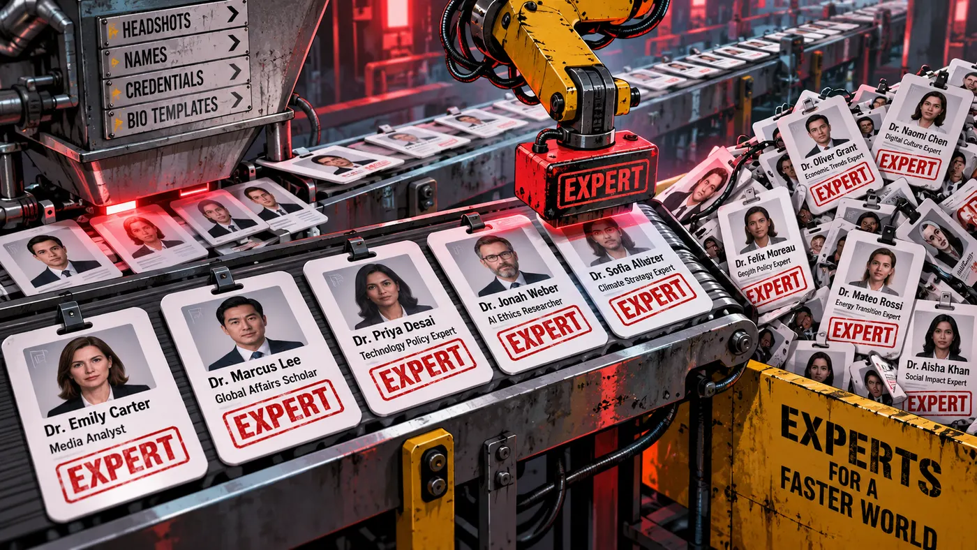Fake "Expert" badges rolling off a conveyor belt (illustration)
