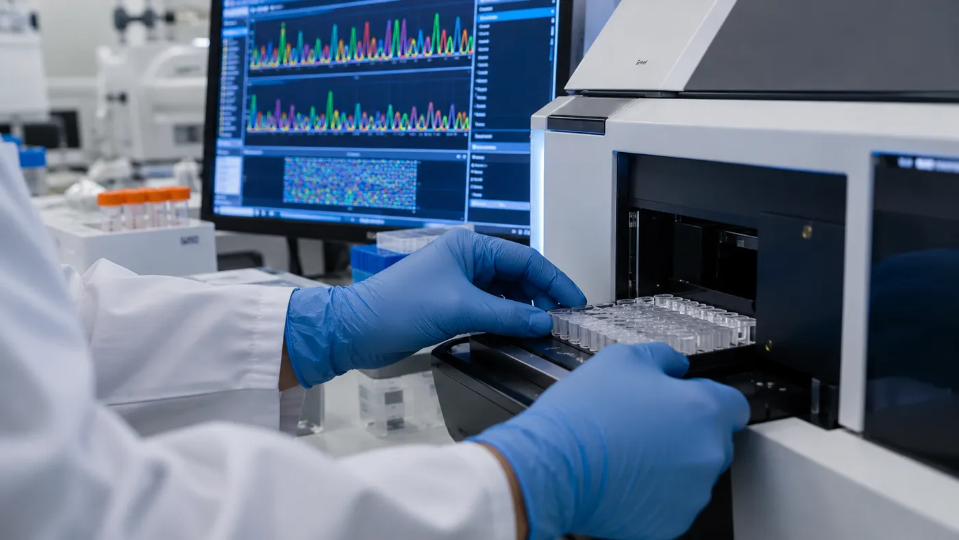 Laboratuvarda eldivenli eller bir DNA analiz cihazına örnek tablası yerleştiriyor (illüstrasyon)