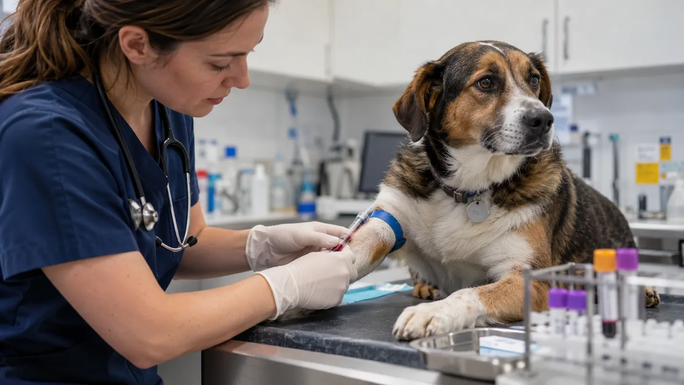 A veterinarian taking a blood sample from a calm dog's leg in a clinic (illustration)