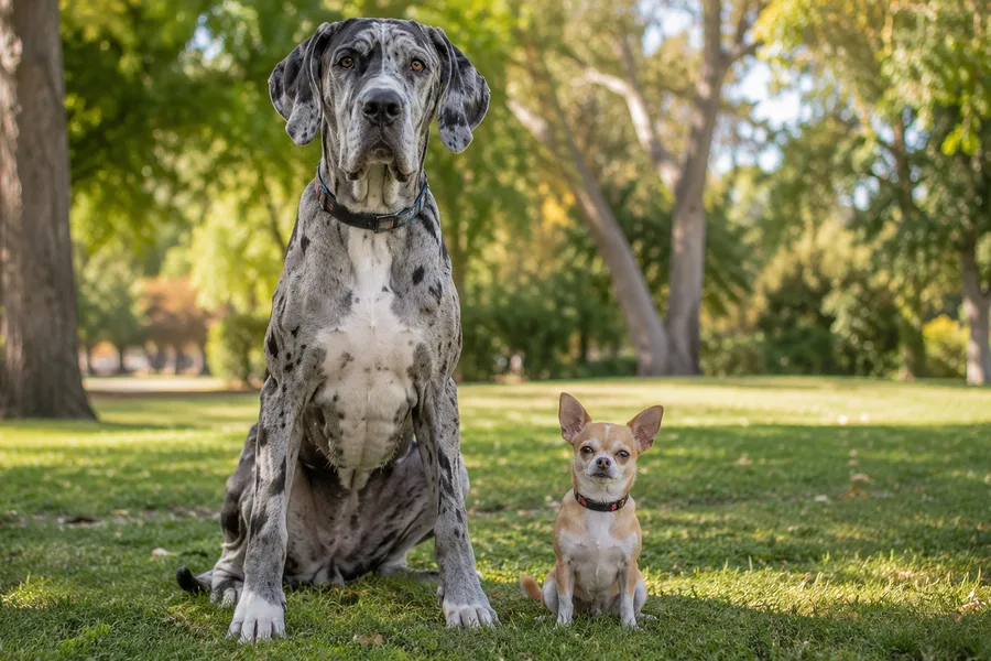 A Great Dane and a Chihuahua sitting side by side on the grass in a park (illustration)