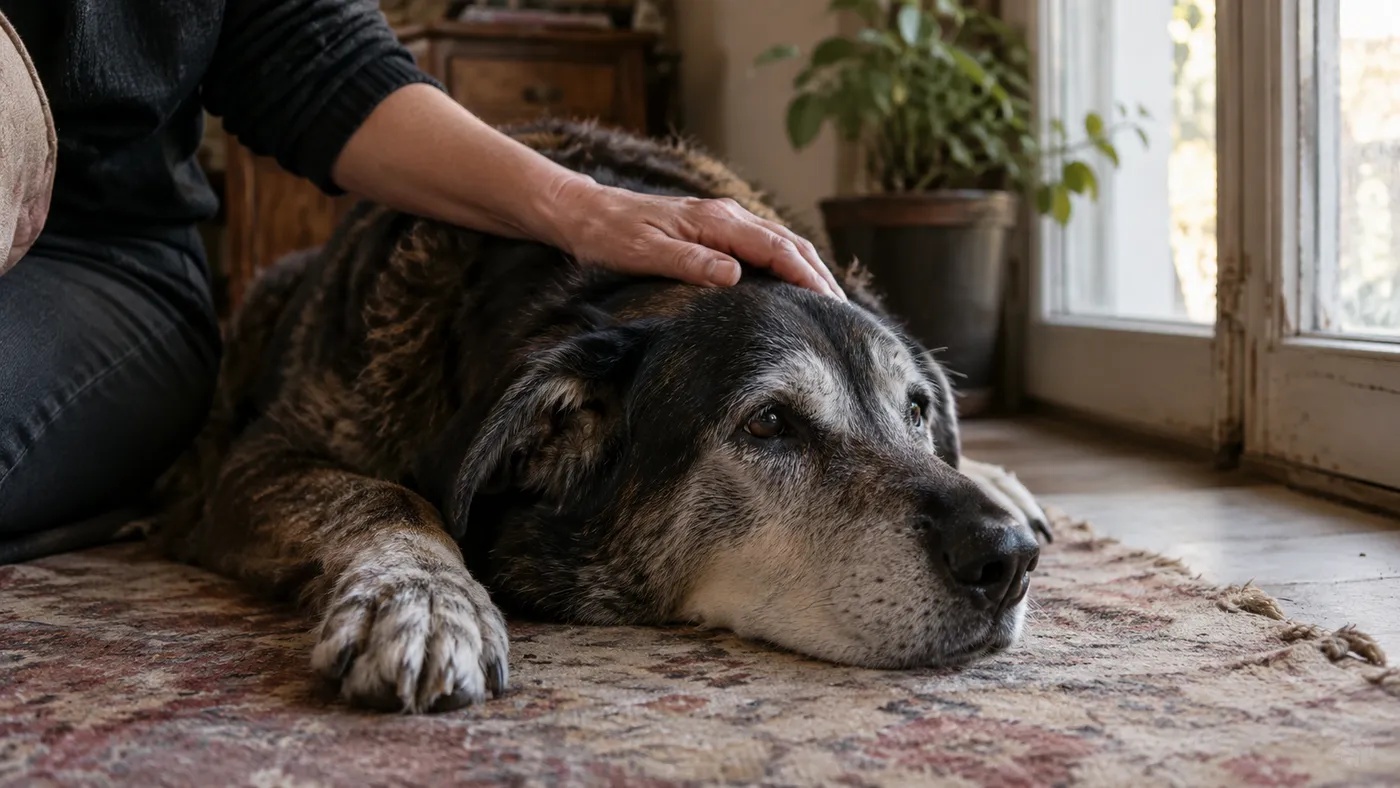 Halının üzerinde uzanan, ağzının çevresi kırlaşmış yaşlı bir köpeğin başını okşayan bir el (illüstrasyon)