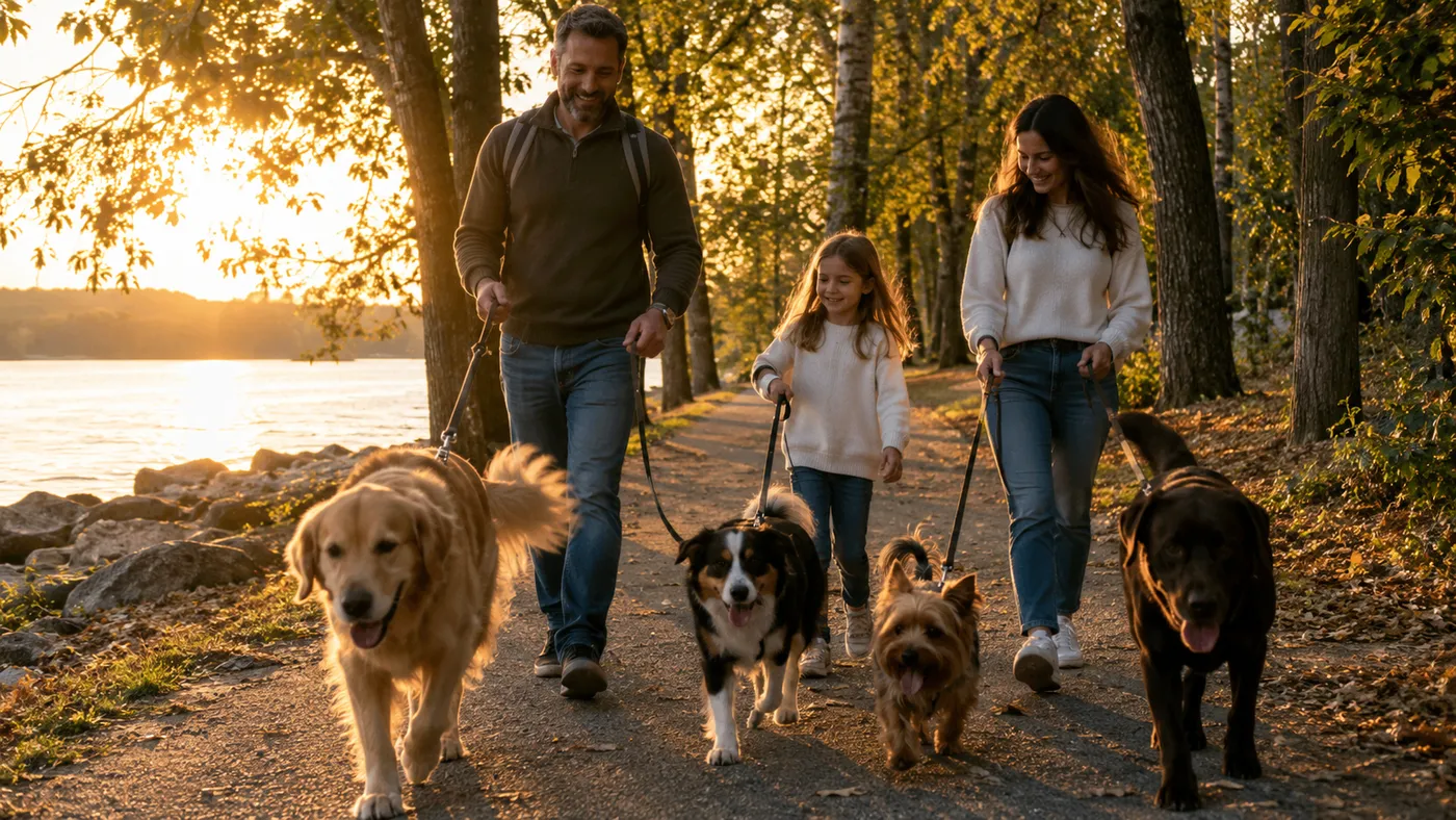 A family walking four dogs of different sizes by a lake at sunset (illustration)