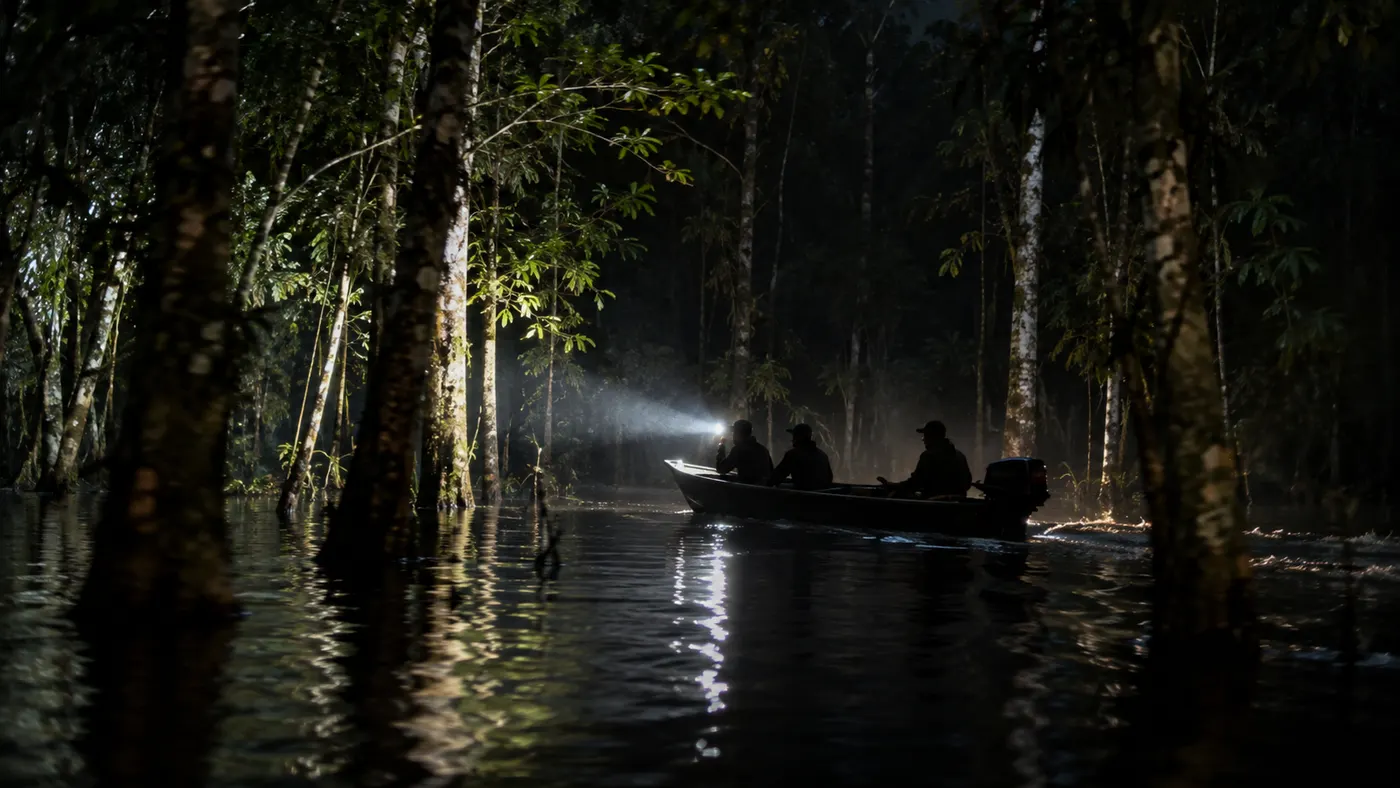 A small boat with a light moving through a flooded rainforest at night (illustration)