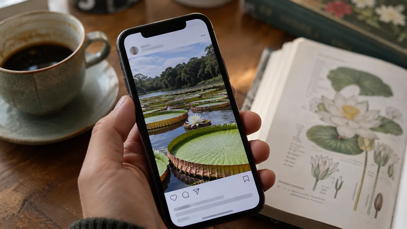 A phone showing a travel photo of giant waterlily pads, next to a botanical book (illustration)