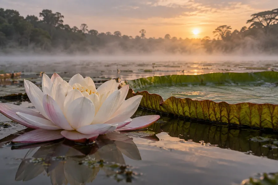 A white flower opening beside a giant upturned waterlily leaf on a misty tropical lake at dawn (illustration)