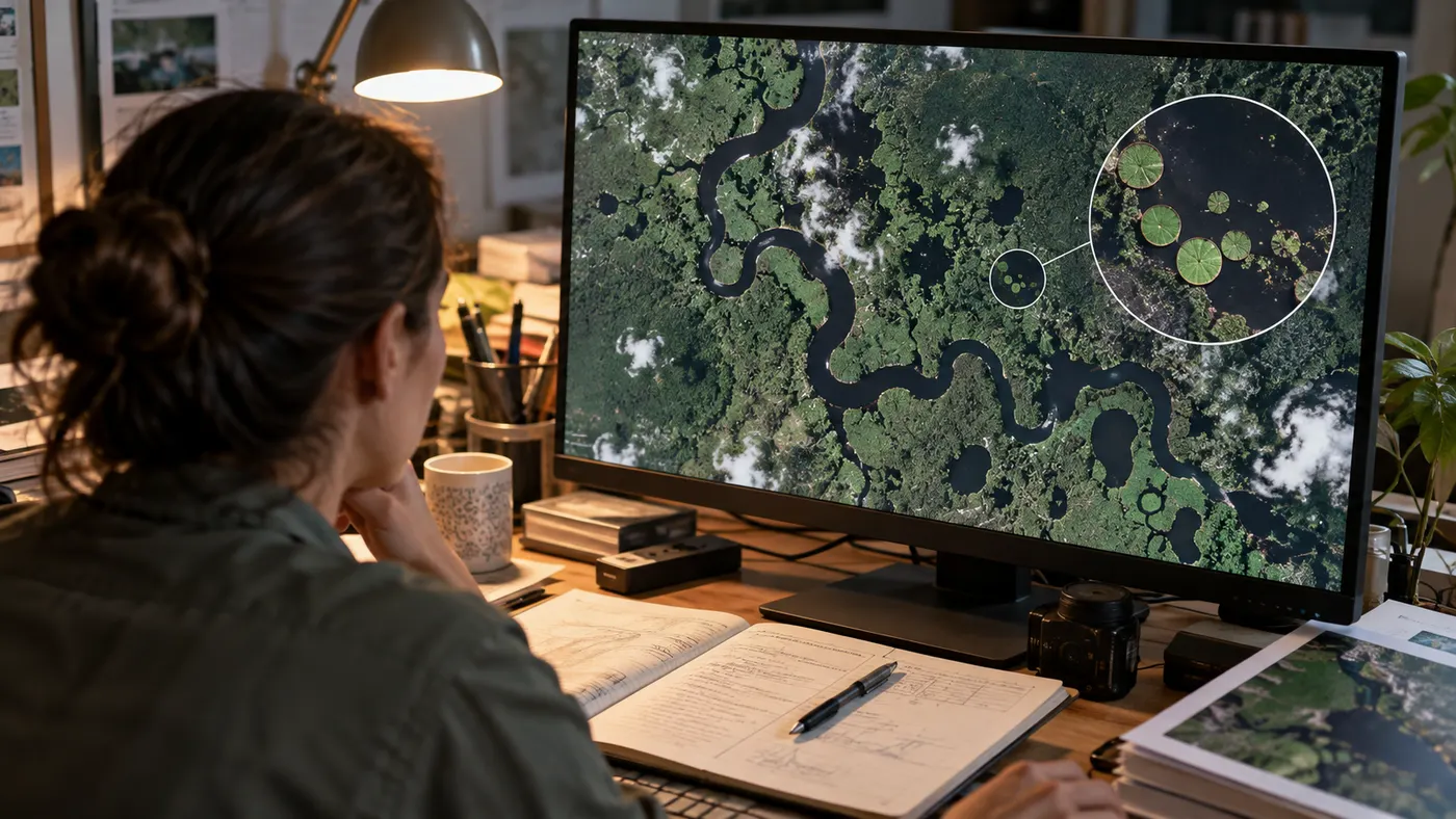 A researcher studying a satellite image of a winding river on screen, with lily pads on a small lake circled (illustration)