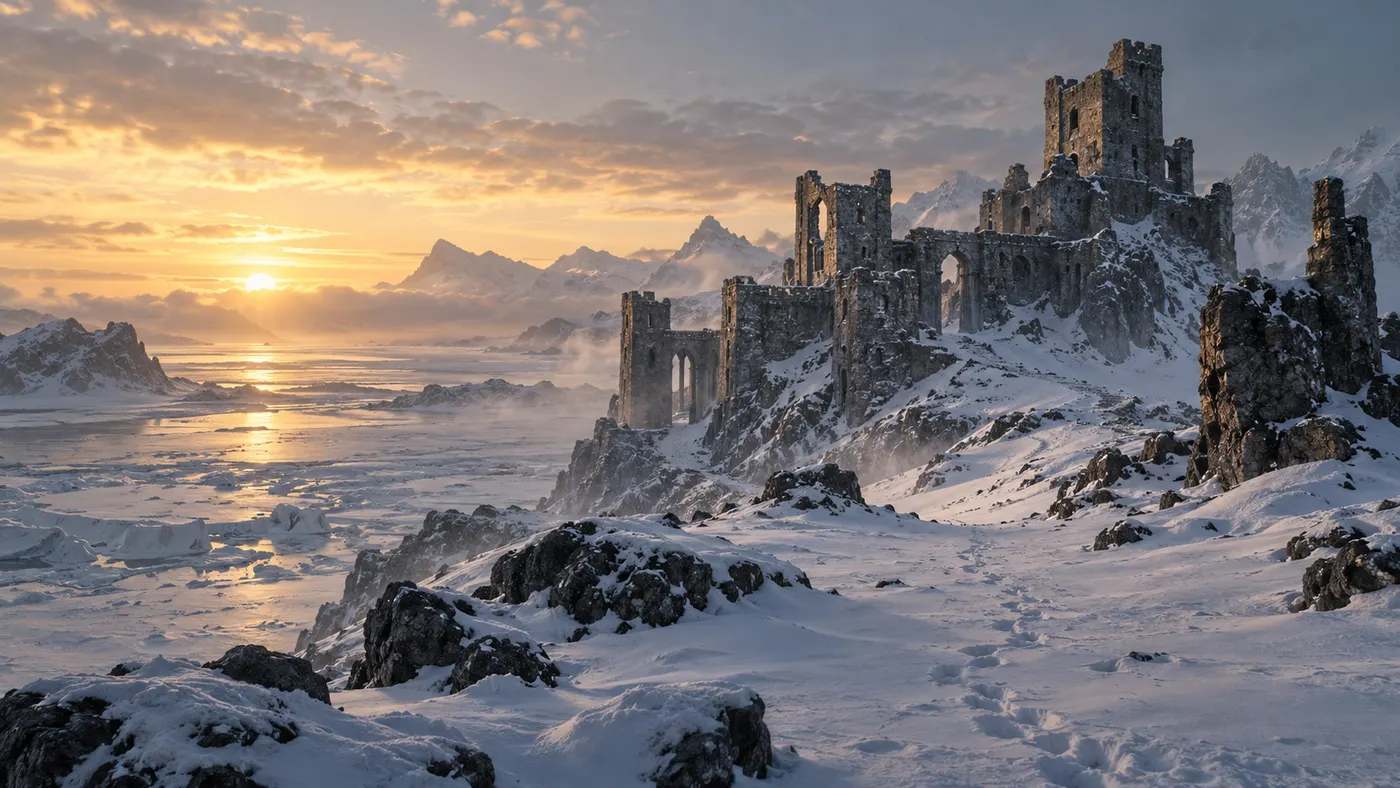 Castle ruins rising on a snow-covered shore at sunset (illustration)