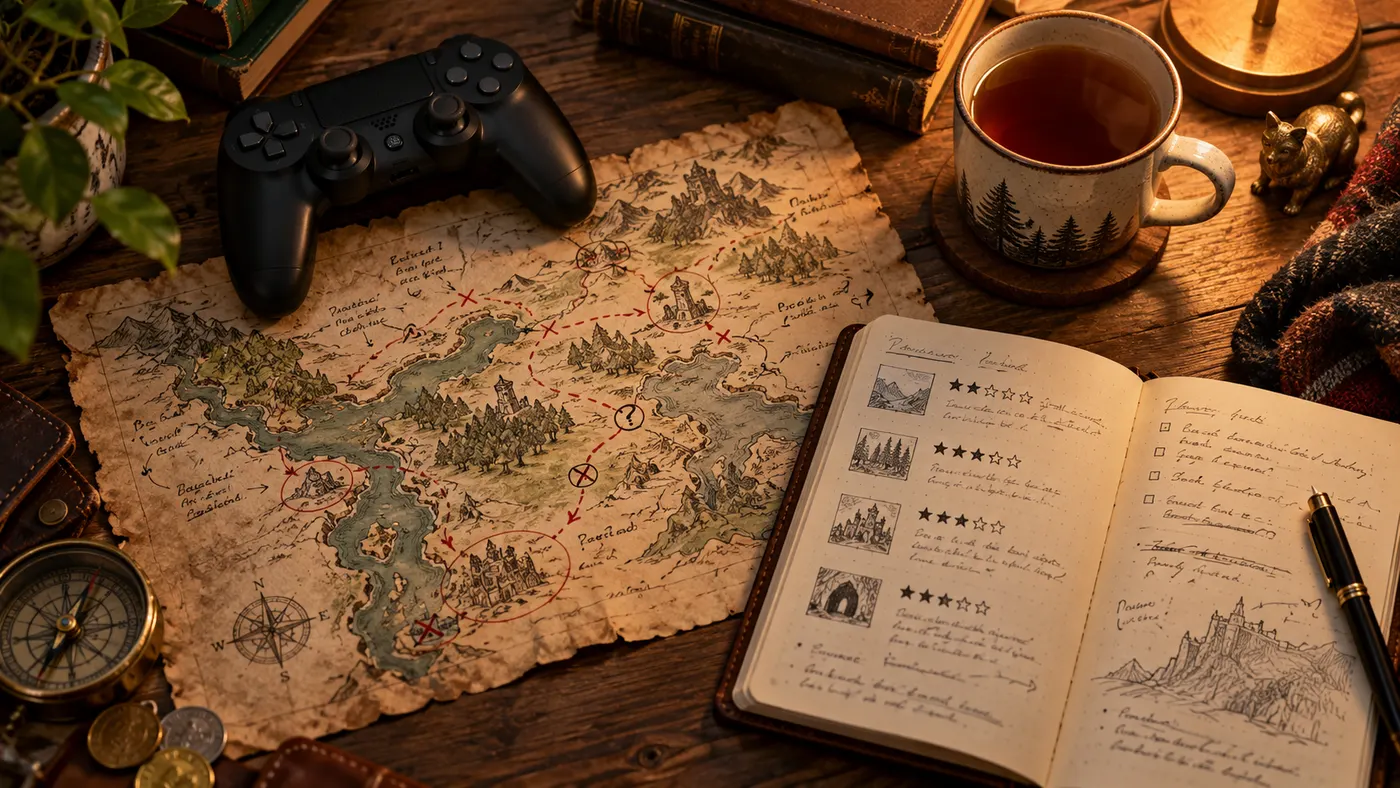An old map, a game controller and an open notebook with star ratings on a desk (illustration)