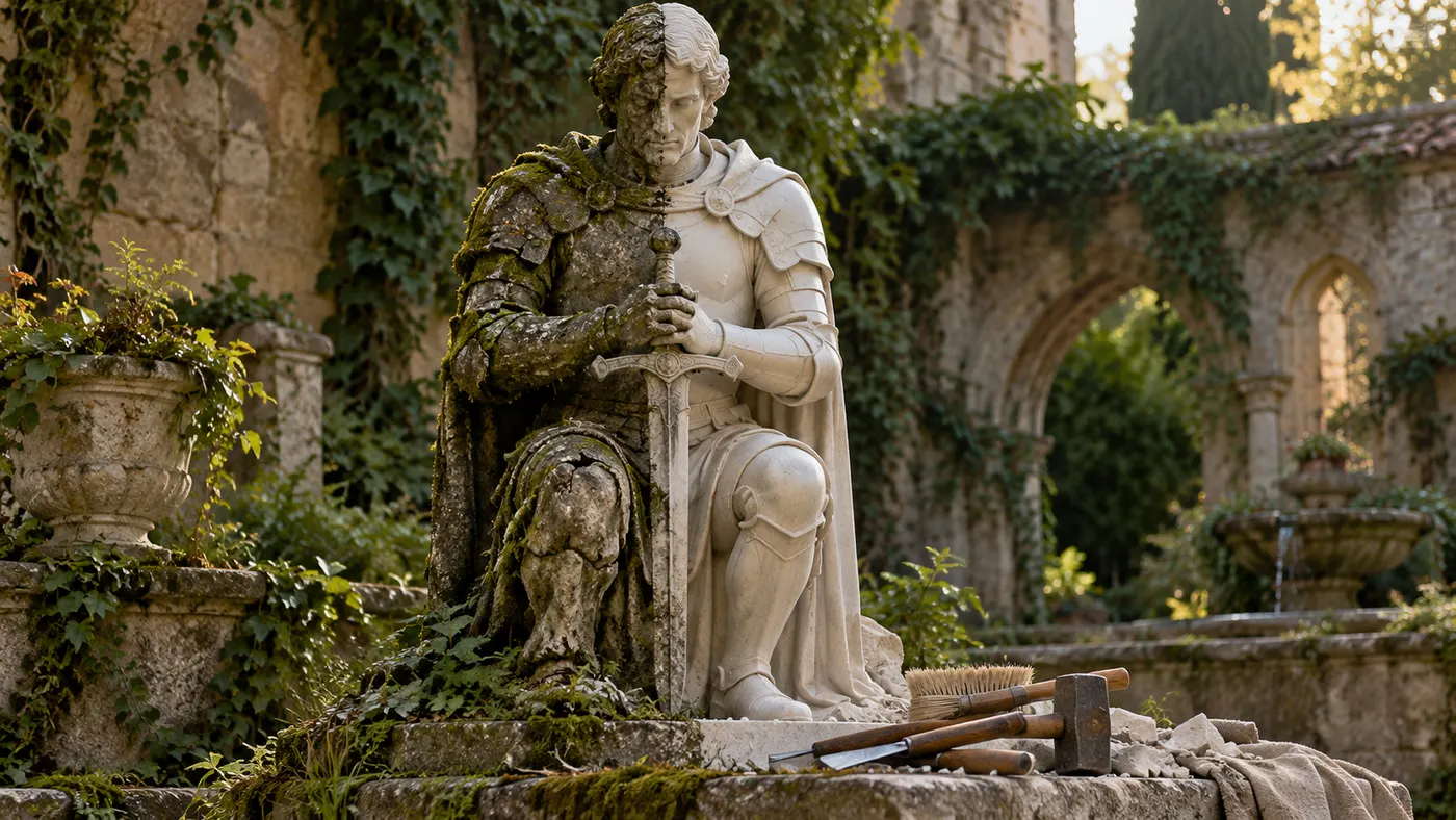 A knight statue in a garden, half covered in moss and half cleaned and restored, with restoration tools beside it (illustration)