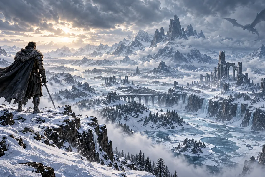 A cloaked warrior on a snowy cliff overlooking a frozen fantasy land, with a dragon silhouette in the sky (illustration)