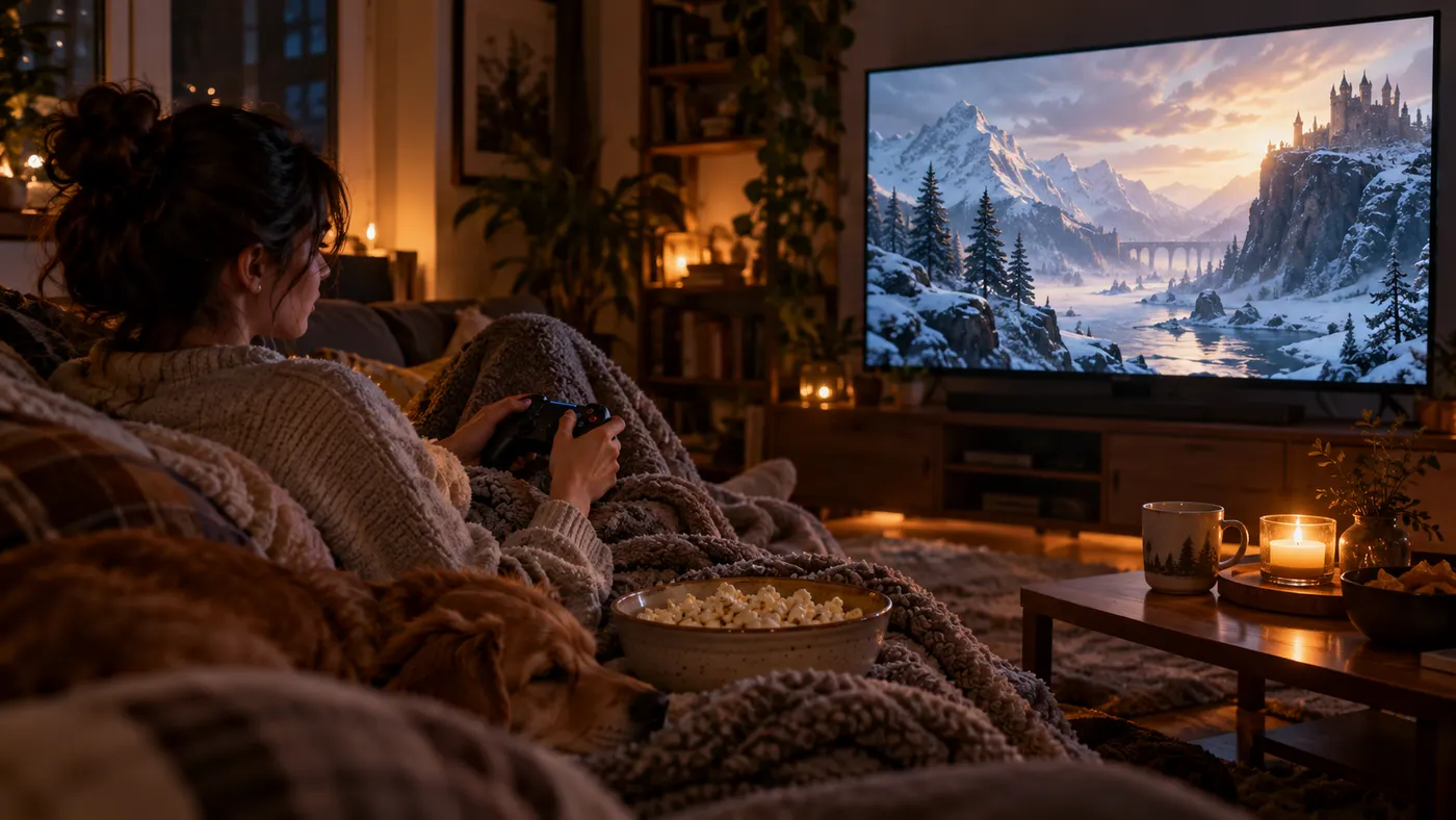 Someone wrapped in a blanket in the evening, playing a game set in a snowy fantasy world on TV (illustration)