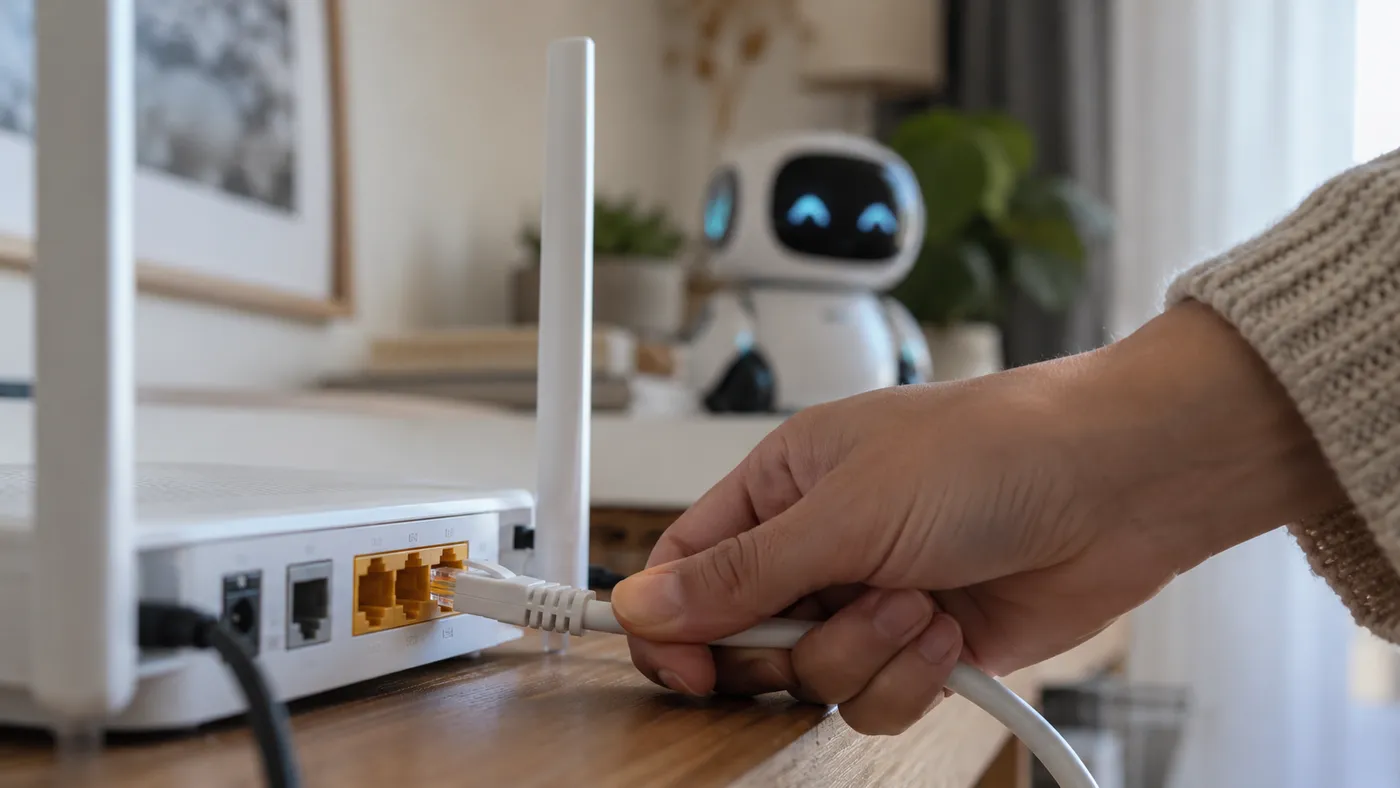 Arka planda küçük bir robot dururken modemin kablosunu çeken bir el (illüstrasyon)