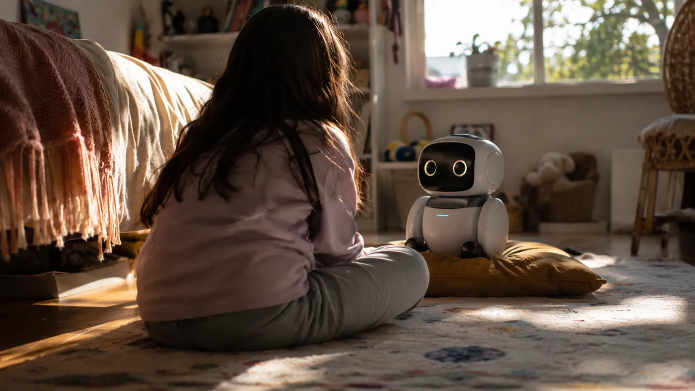 Oda zemininde arkası dönük oturan bir çocuk ve karşısındaki küçük arkadaş robot (illüstrasyon)