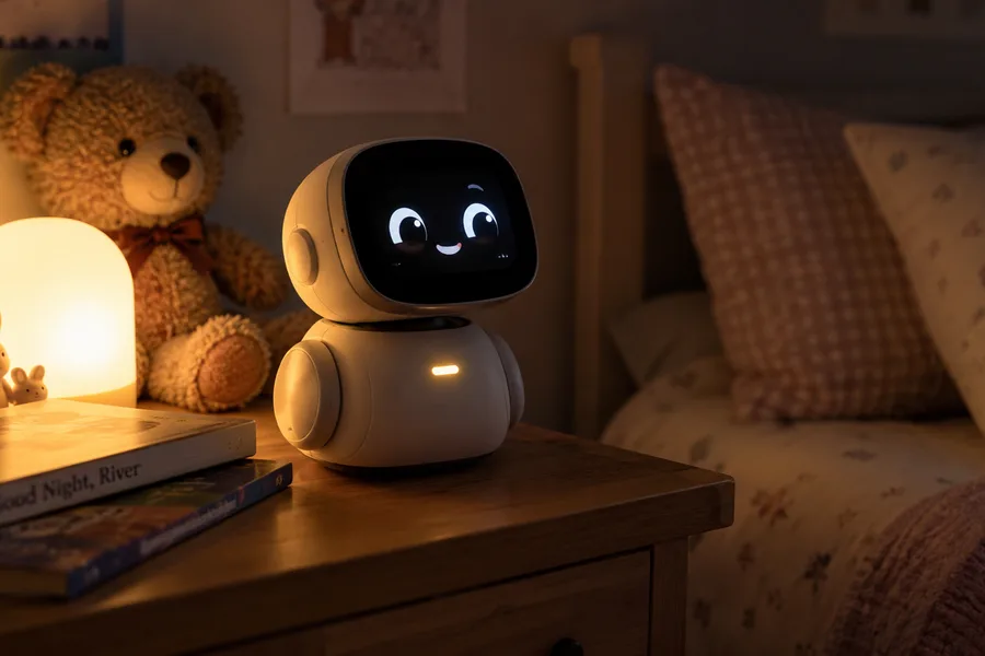 Gece bir çocuk odasında, oyuncak ayının yanında komodinde duran, ekranında gülen bir yüz olan küçük masa robotu (illüstrasyon)