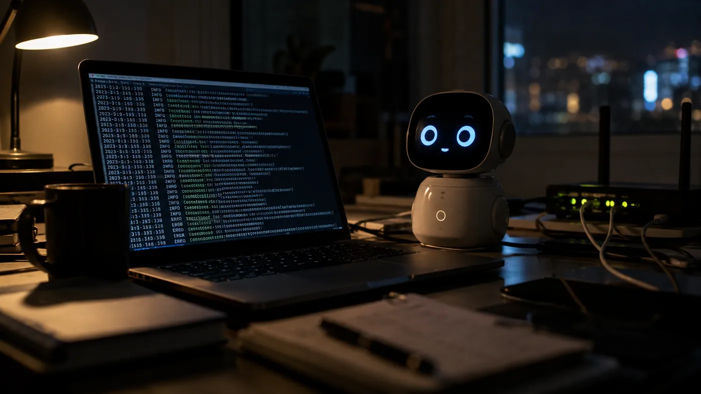 Karanlık bir masada, ekranı sunucu kayıtlarıyla dolu bir dizüstü bilgisayarın yanında duran küçük robot (illüstrasyon)
