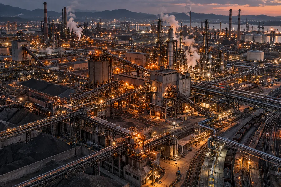 Alacakaranlıkta ışıkları yanan, boru hatları ve raylarla dolu dev bir otomasyon fabrikası (illüstrasyon)