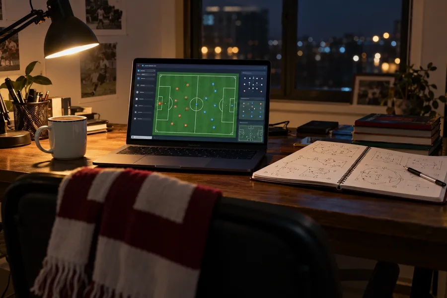 A football management game's tactics screen on a laptop at night, next to a coffee and a notebook (illustration)