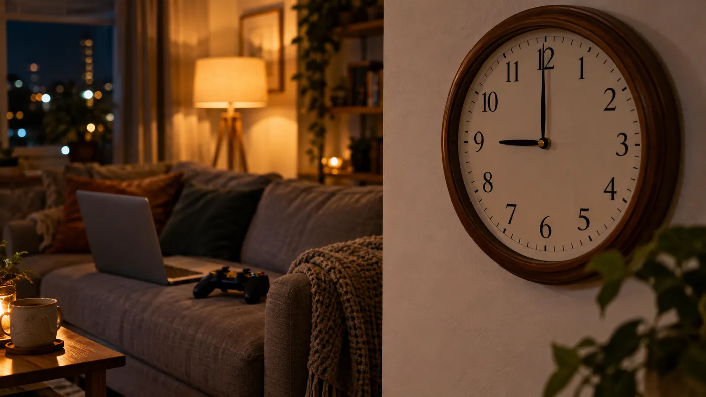 A wall clock showing nine o'clock above a sofa with a laptop and a game controller (illustration)