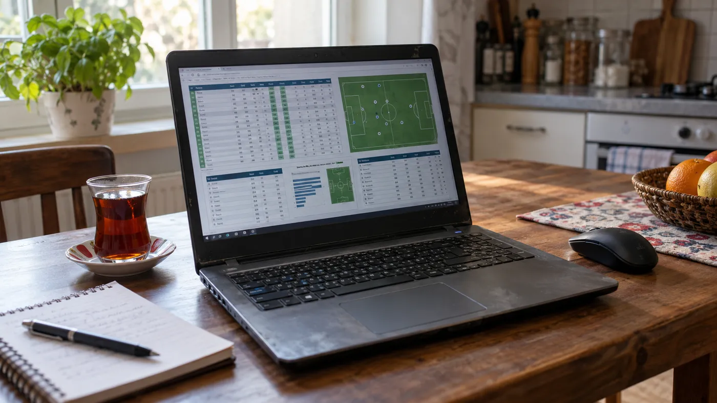 Football statistics on an old laptop at a kitchen table, next to a glass of tea and a notebook (illustration)