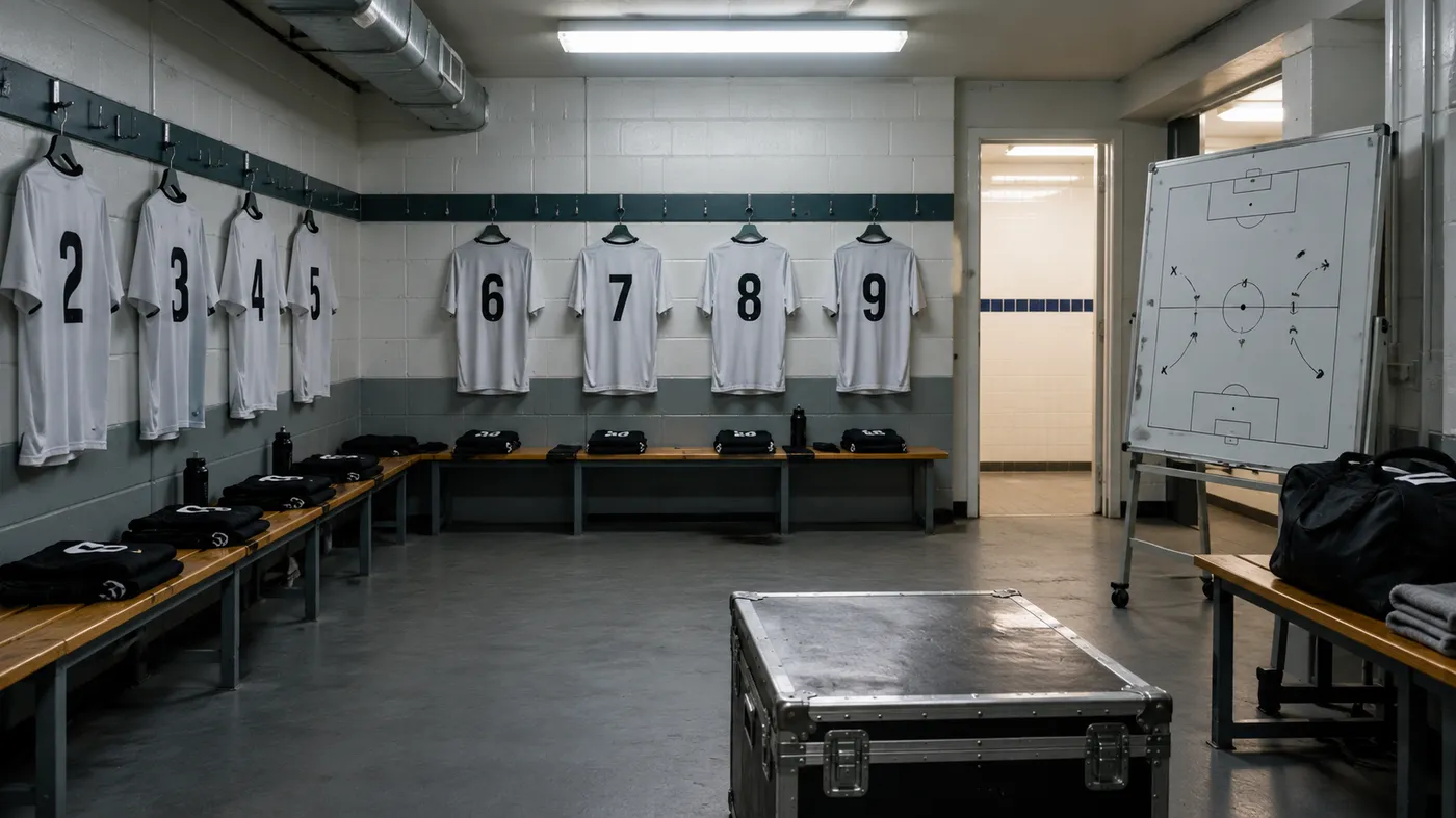Numbered shirts and a tactics board with a formation drawn on it in an empty locker room (illustration)