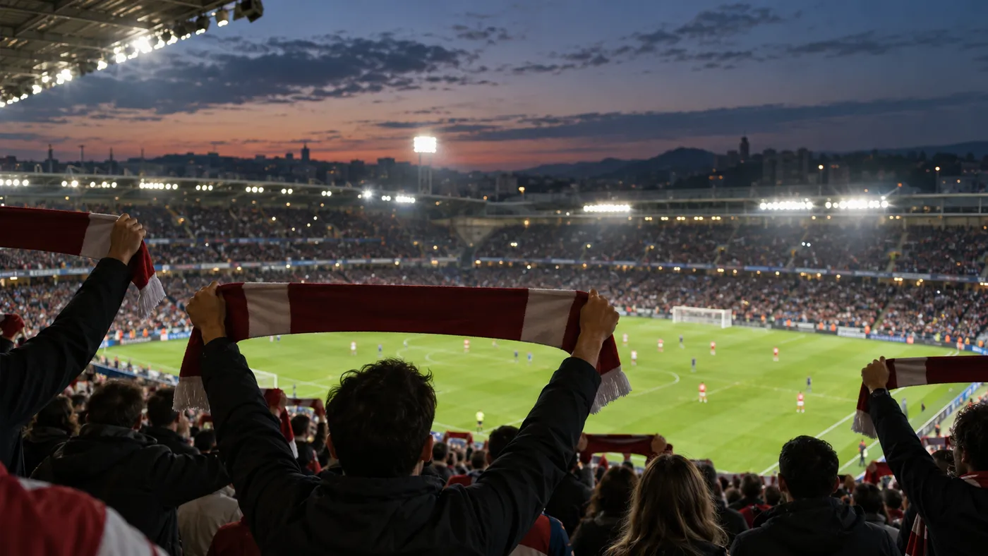 Fans holding up their scarves in a packed stadium at dusk (illustration)