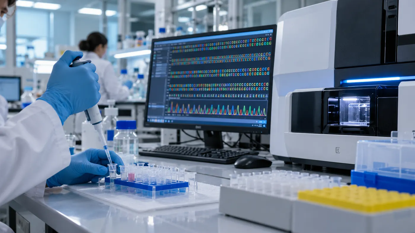 Laboratuvarda pipetle örnek hazırlayan bir araştırmacı; ekranda renkli DNA dizisi verileri (illüstrasyon)