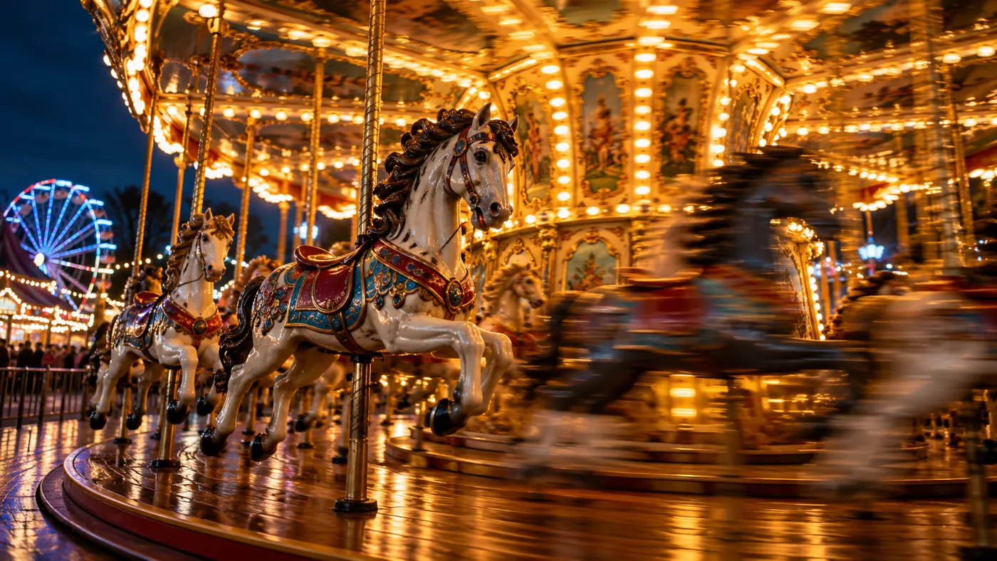 A brightly lit carousel spinning with motion blur (illustration)