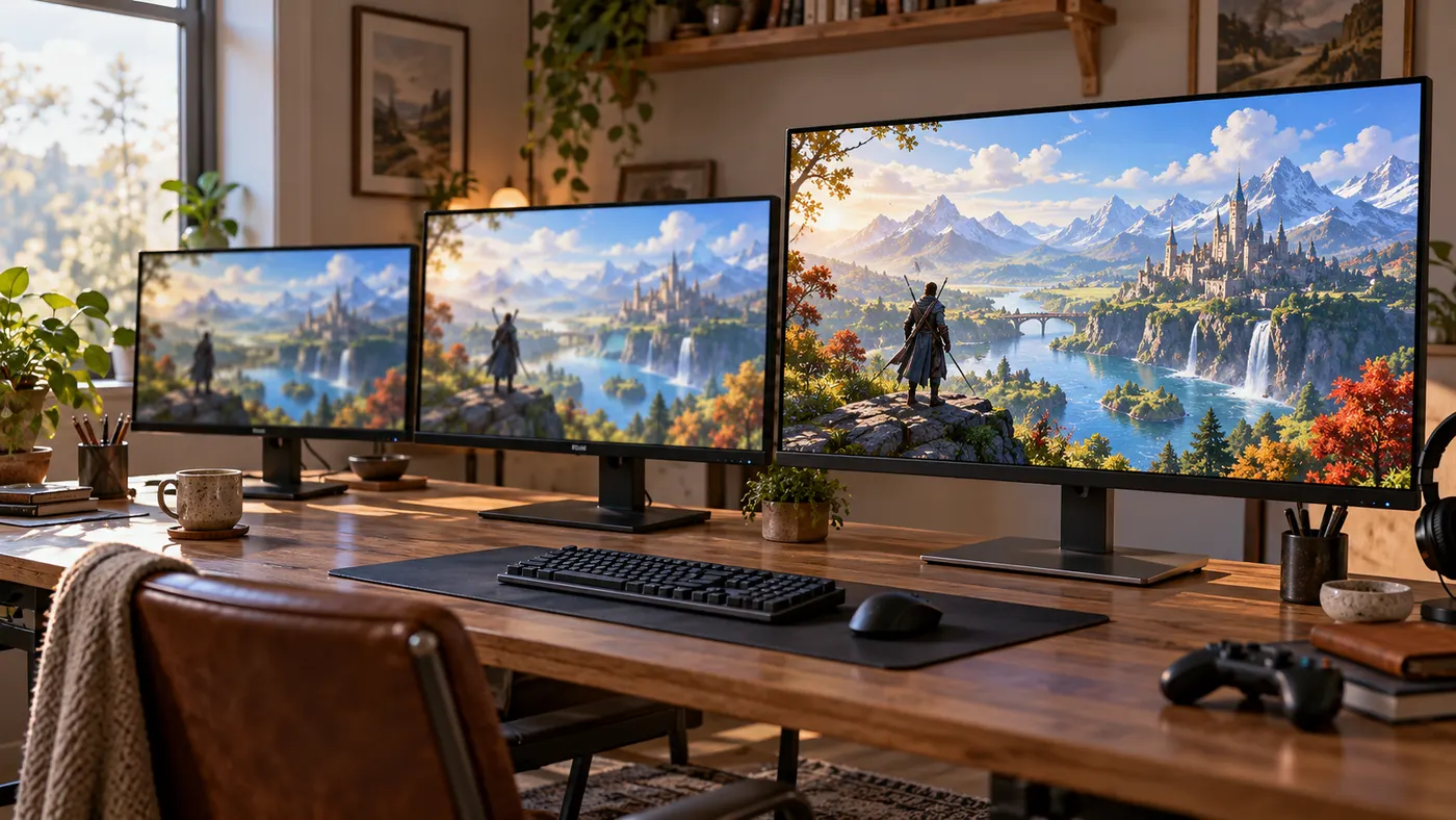 Three monitors of different sizes on a desk showing the same game scene (illustration)