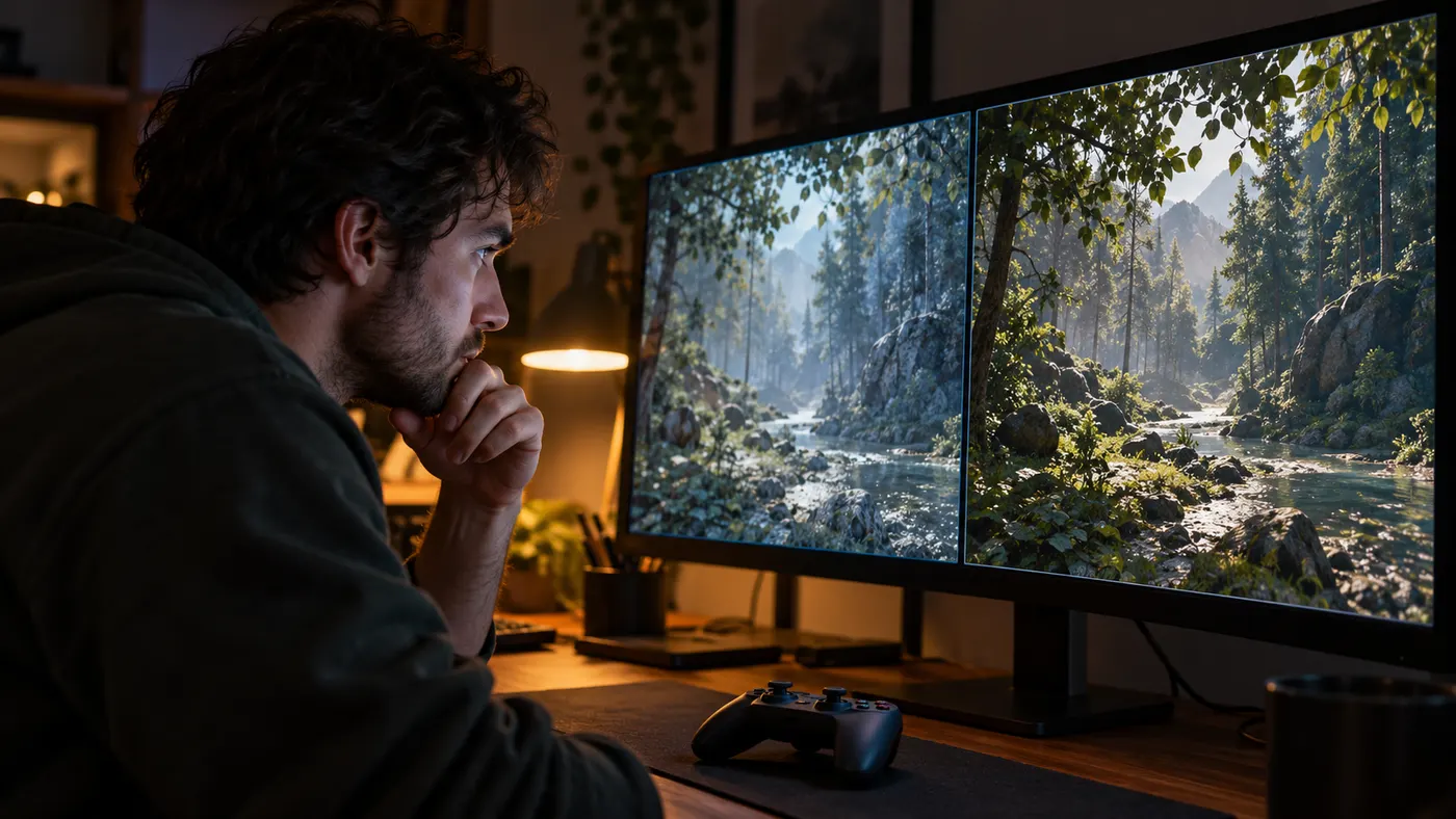 A player comparing the same forest scene on two side-by-side screens (illustration)