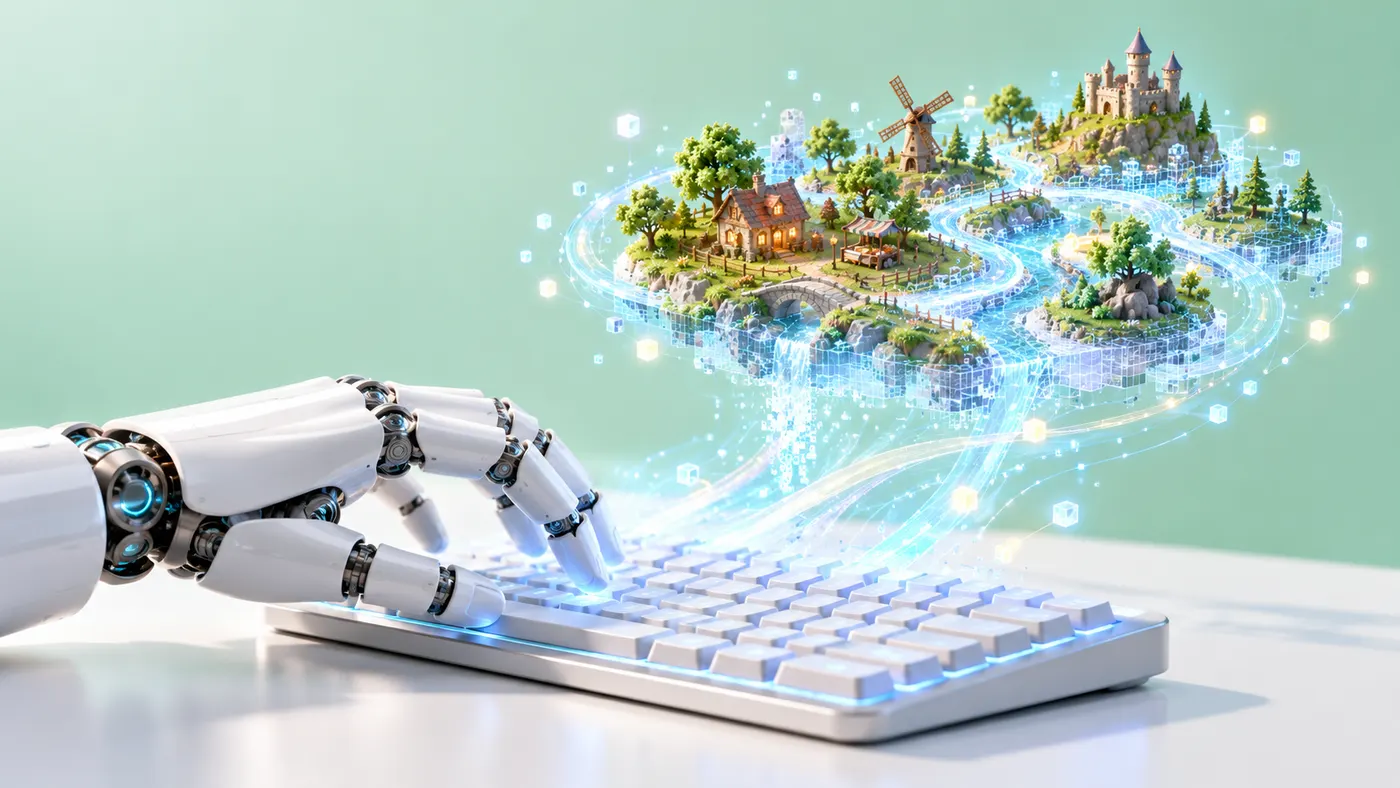 Klavyede yazan robot elin üstünde ışık çizgileriyle şekillenen minyatür bir oyun dünyası (illüstrasyon)
