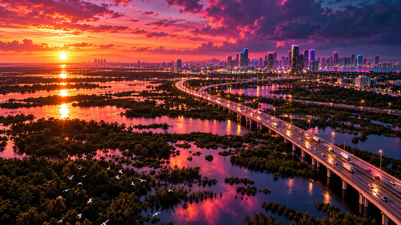 A highway stretching through wetlands toward a city skyline at sunset (illustration)